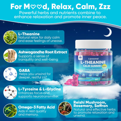 L Theanine Calm Gummies 500mg, Sugar-Free Liposomal L-Theanine Supplement, w/Safforn, Magnesium Glycinate, GABA, Ashwagandha, Algae Omega-3, Vitamin D3 B12