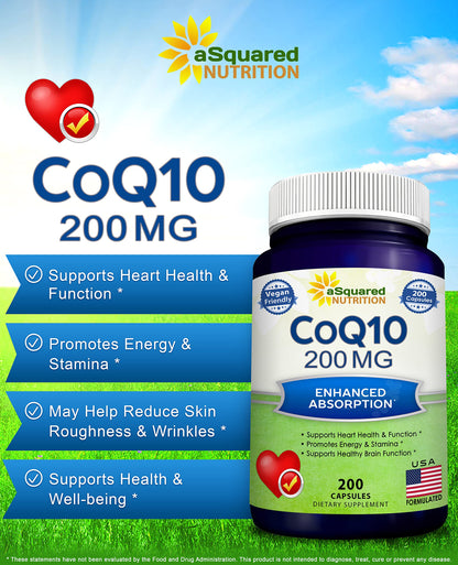 aSquared Nutrition CoQ10 (200 Capsules and 200mg) - High Absorption Vegan CO Q-10 Powder - Enzyme Ubiquinone Supplement Pills, Extra Antioxidant Coenzyme Q10 Vitamin