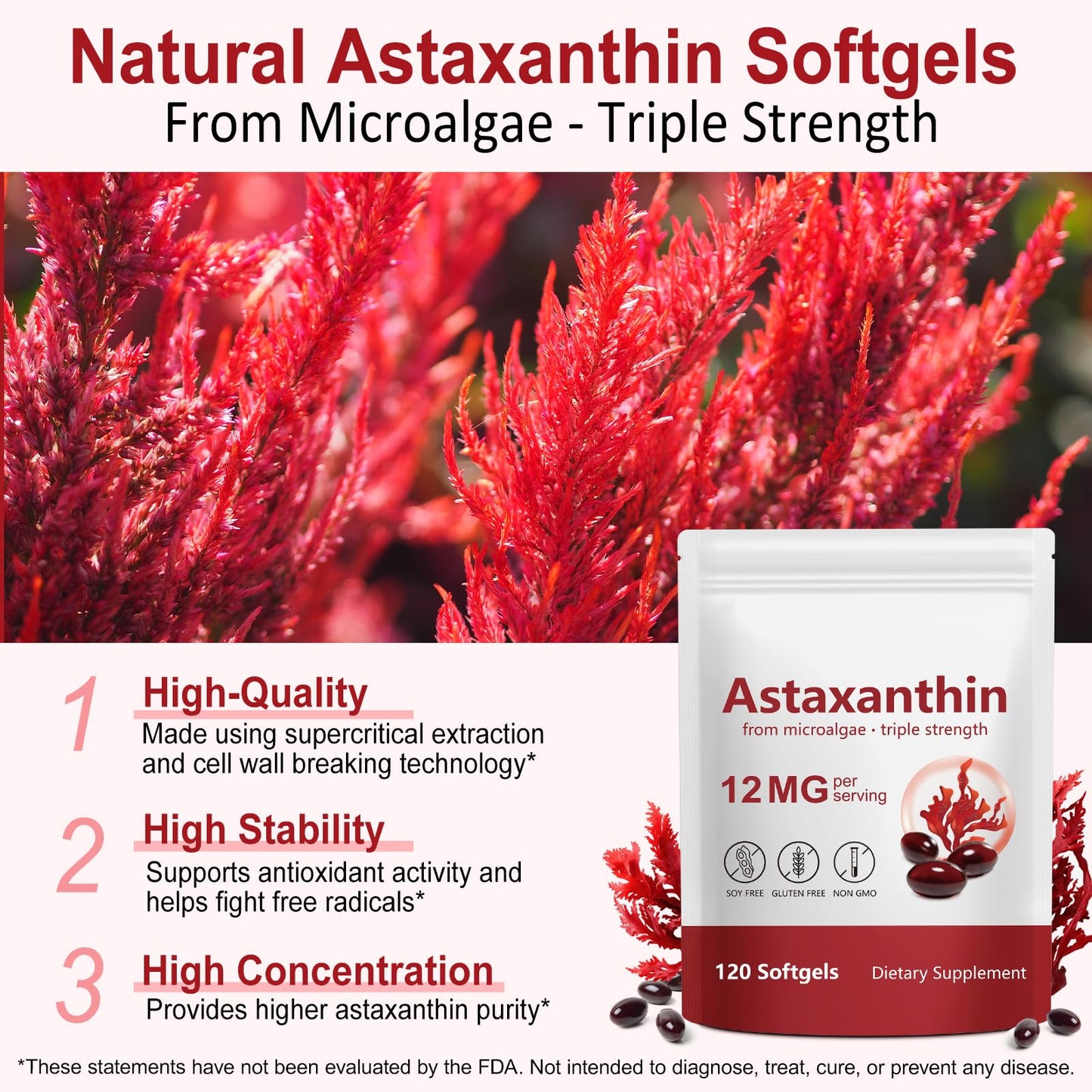 Xaarty Premium Astaxanthin 12mg, Natural Antioxidant Supplement for Eye, Joint, Skin Health,Microalgae Source, 4 Month Supply