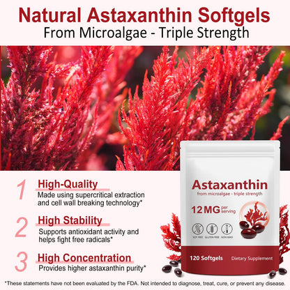 Xaarty Premium Astaxanthin 12mg, Natural Antioxidant Supplement for Eye, Joint, Skin Health,Microalgae Source, 4 Month Supply