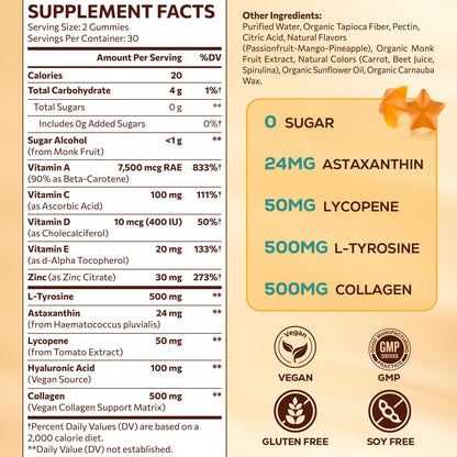 Tanning Gummies with Astaxanthin for Women and Men | Sunless Tanning Supplement with Beta Carotene, Lycopene, Collagen & Vitamins | Skin Radiance & Hydration | Vegan & Sugar Free - 60 Count