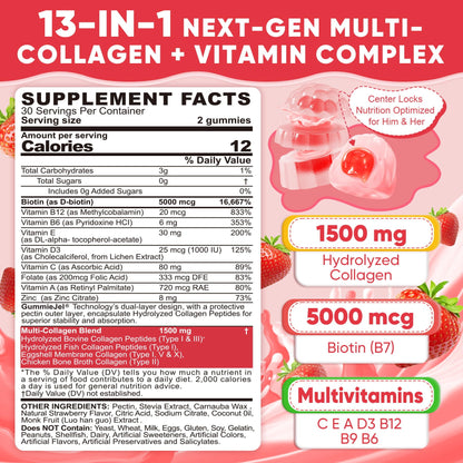 Collagen Peptide Gummies for Women & Men Sugar-Free, Multi Collagen Hydrolyzed w/ 1500mg Protein Type I,II,III,V,X, 5000mcg Biotin, Methylated B12, Vitamin C A E D3 B6