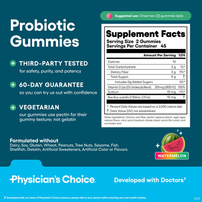 Physician's CHOICE Probiotic Gummies with Vitamin D & Prebiotic Fiber - Sugar Free - 1B CFUs of Clinically Studied Probiotic - Supports Immune & Gut Health