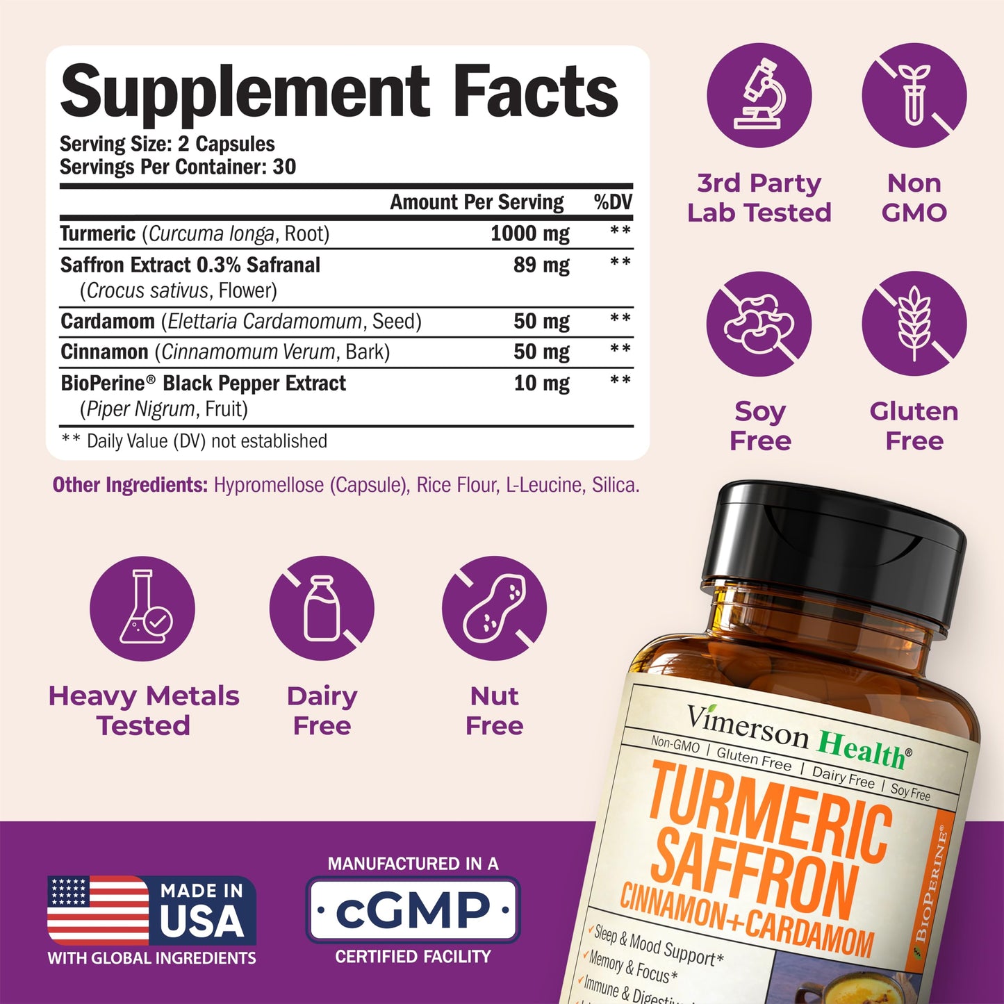 Saffron Supplements – 89mg Saffron Extract, 1000mg Turmeric Curcumin, Ceylon Cinnamon & Cardamom – Daily Mood, Joint & Metabolic Support – Joint Supplements for Women & Men – 60 Capsules Vimerson HealthBuy Supplements Australia