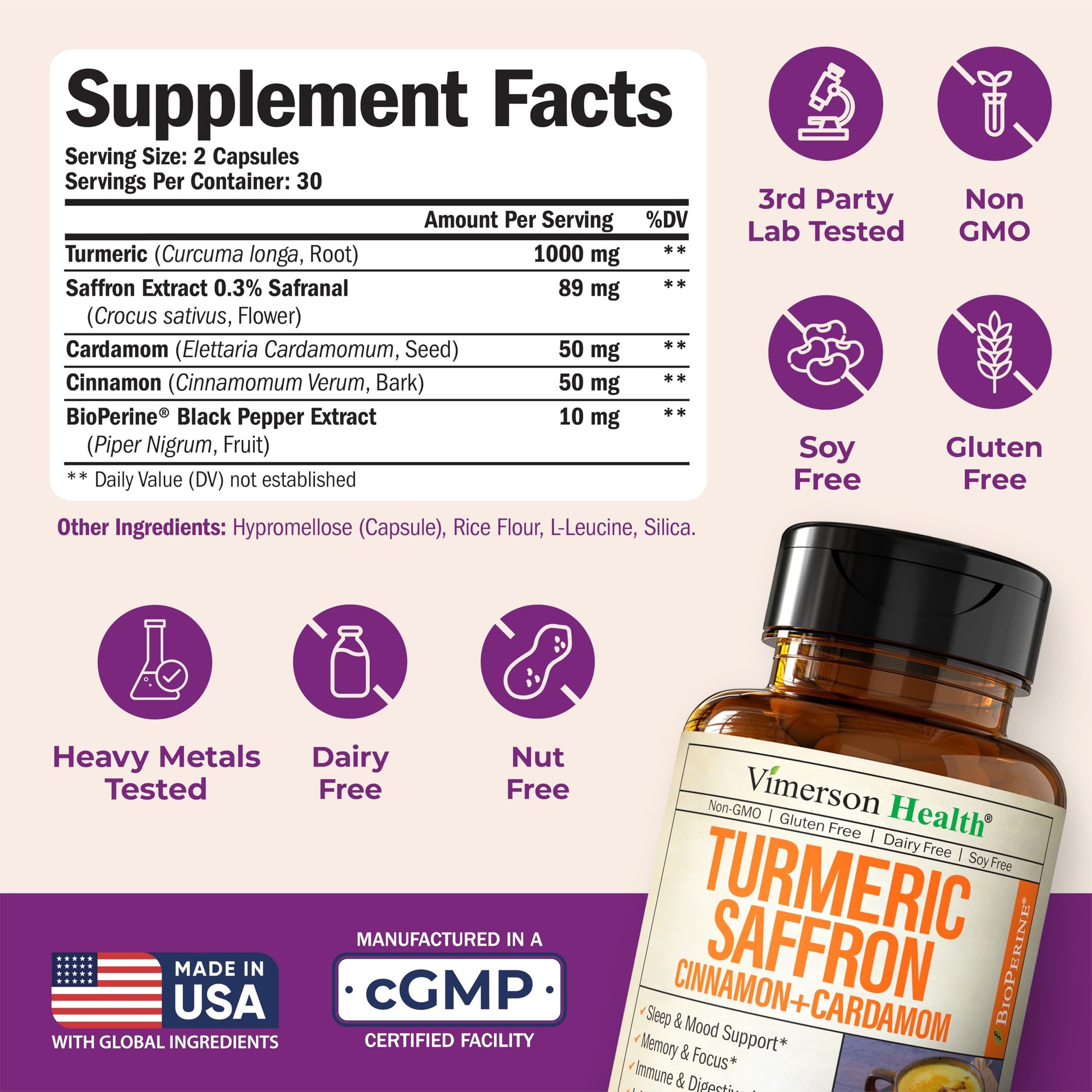 Saffron Supplements – 89mg Saffron Extract, 1000mg Turmeric Curcumin, Ceylon Cinnamon & Cardamom – Daily Mood, Joint & Metabolic Support – Joint Supplements for Women & Men – 60 Capsules Vimerson HealthBuy Supplements Australia