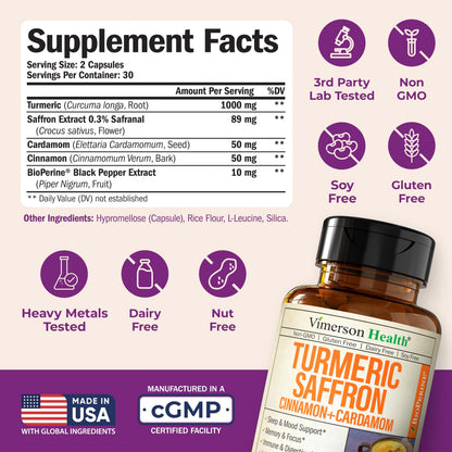 Saffron Supplements – 89mg Saffron Extract, 1000mg Turmeric Curcumin, Ceylon Cinnamon & Cardamom – Daily Mood, Joint & Metabolic Support – Joint Supplements for Women & Men – 60 Capsules Vimerson HealthBuy Supplements Australia