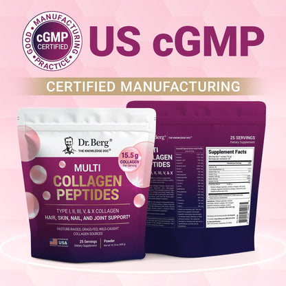 Dr. Berg Multi Collagen Peptides Powder Types I, II, III, V, X - Unflavored Collagen Powder w/ 14 g of Protein - Grass-Fed