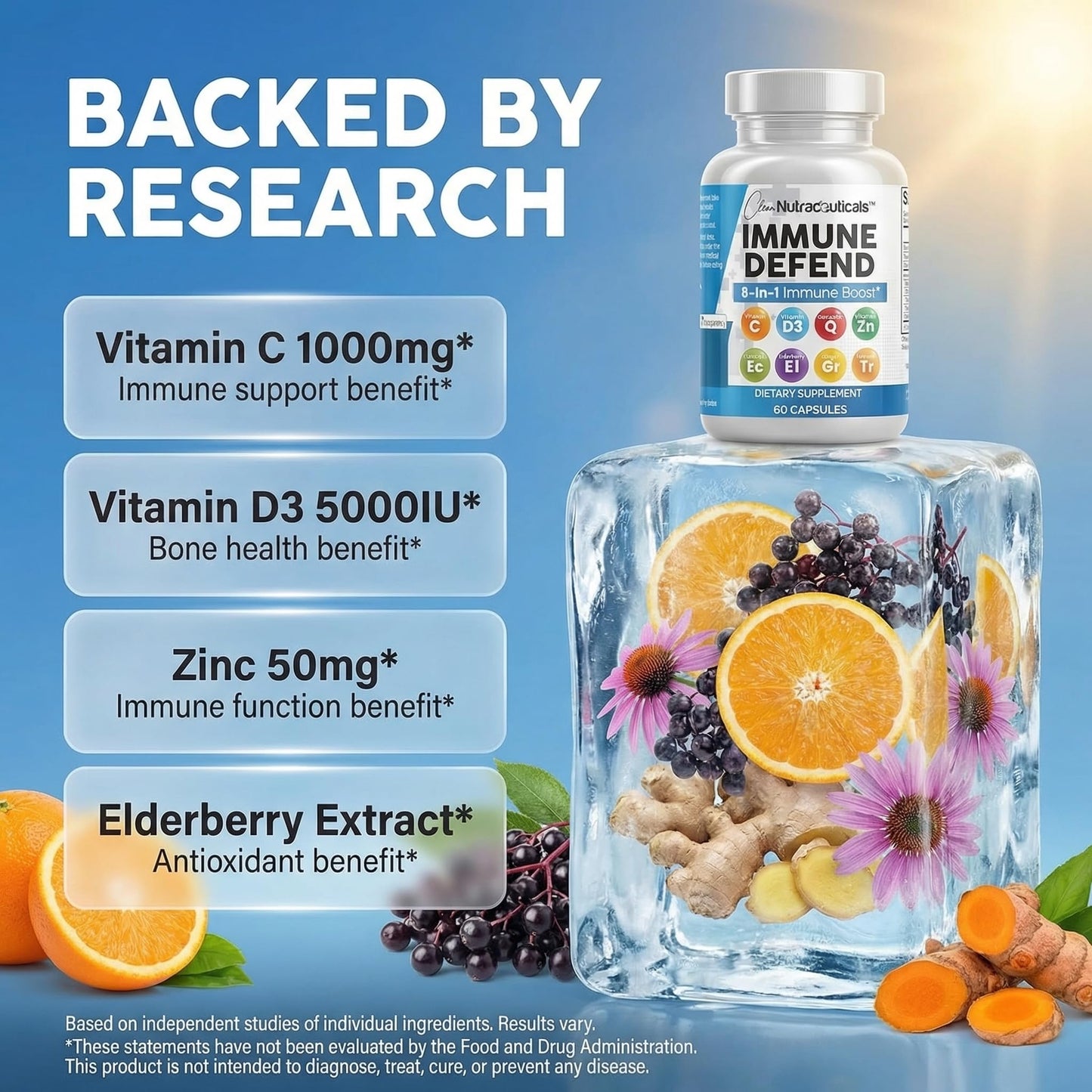 Clean Nutraceuticals Immune Defense Support Supplement 8 in 1 with Zinc 50mg Quercetin, VIT C 1000mg, Vitamin D3 5000 IU, Elderberry, Ginger - Immunity System Booster for Adults, Vegan - 60 Count Clean NutraceuticalsBuy Supplements Australia
