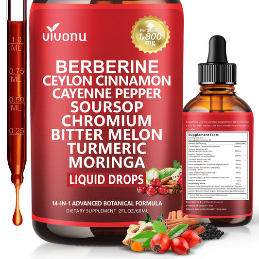 14-in-1 Berberine with Ceylon Cinnamon Supplement Liquid Drops, 1800mg + 30:1 Liposomal Tech with Cayenne Pepper, Soursop, Chromium, Bitter Melon, Turmeric, Moringa, Gymnema