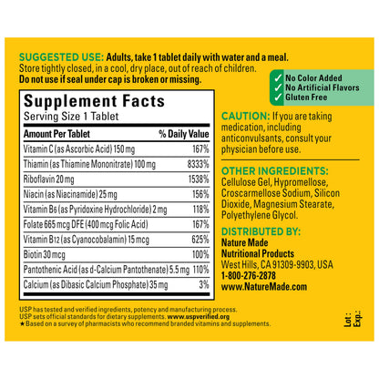 Nature Made Super B Complex with Vitamin C & Folic Acid, B Complex Vitamins for Women and Men, Dietary Supplement