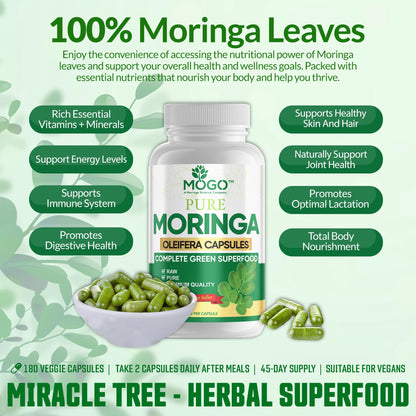 MOGO Moringa Capsules -180 Ct| Boost Energy, Immune, Gut, Joint Support | Made with Pure Organic Moringa Powder Organic Capsules | Made in USA