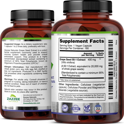 Zazzee High Strength Grape Seed 50:1 Extract, 180 Vegan Capsules, 95% Polyphenols, 400 mg per Capsule, 6 Month Supply, Antioxidant