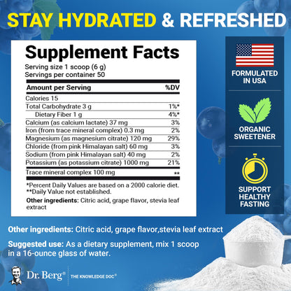 Dr. Berg Zero Sugar Hydration Keto Electrolyte Powder - Enhanced w/ 1000 mg of Potassium & Real Pink Himalayan Salt (NOT Table Salt) - Grape Flavor Hydration Drink Mix Supplement - 50 Servings