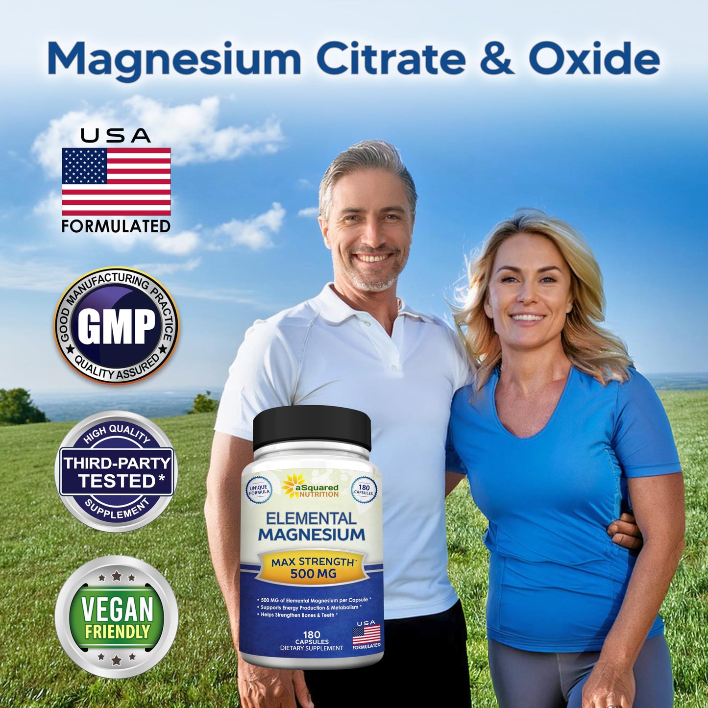 aSquared Nutrition Proprietary Magnesium 500mg – High Absorption Magnesium Citrate & Oxide – 180 Veggie Capsules, 180 Day Supply