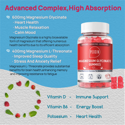Magnesium Glycinate Gummies for Adults & Kids, 1000mg High Absorption Magnesium Complex Supplement, Sugar Free with Potassium,Vitamins for Calm, Sleep Supprt