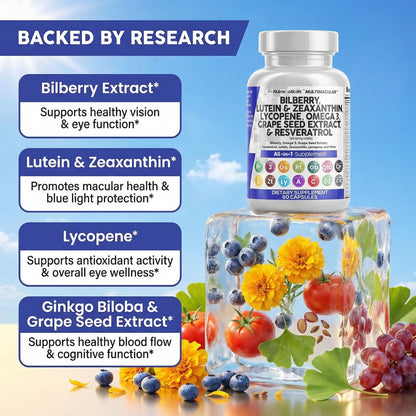 Clean Nutra Eye Vitamins with Bilberry Lutein and Zeaxanthin Supplements Lycopene 40mg Resveratrol Grape Seed Astaxanthin for Eyes - Eye Care Health Support Eye