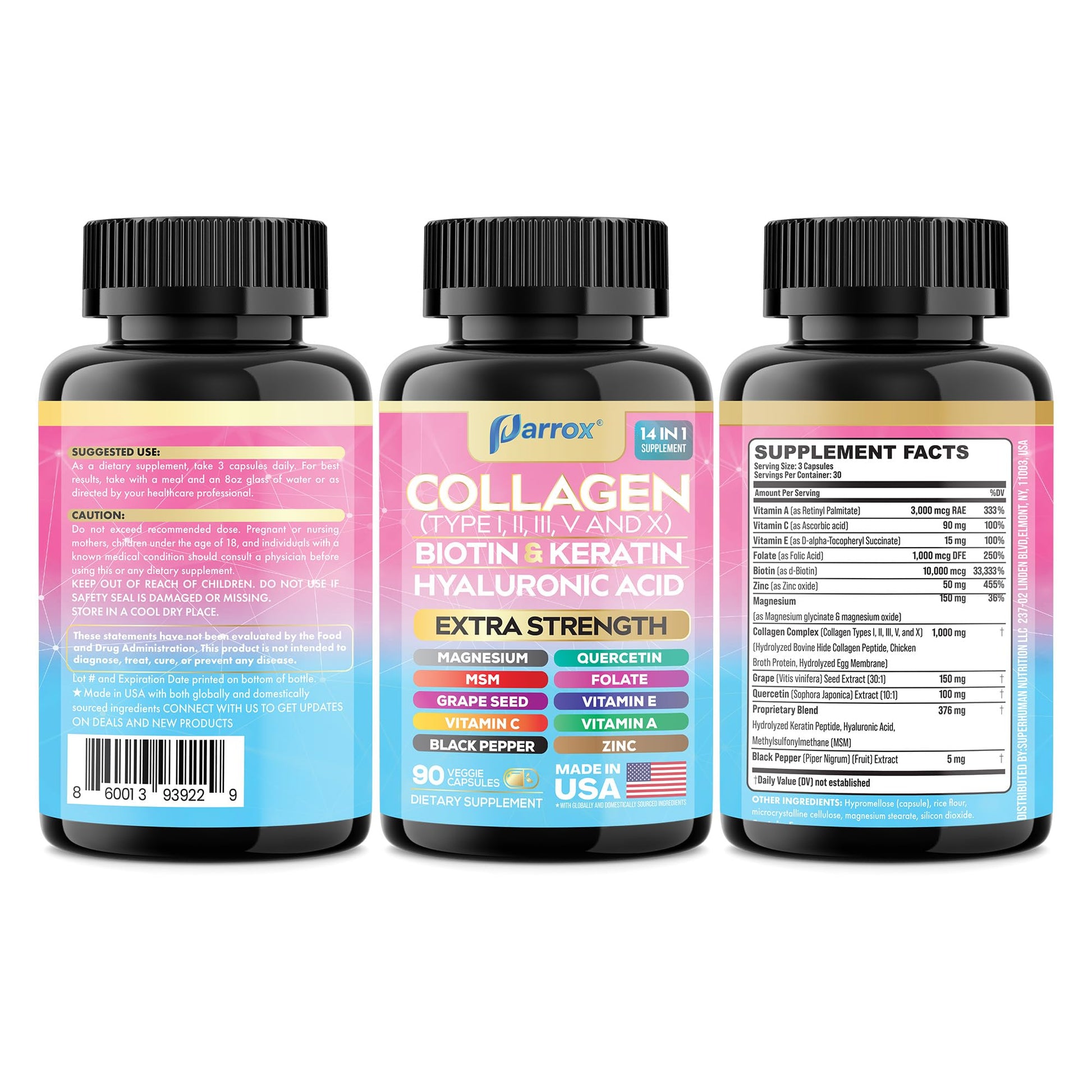 Parrox Collagen Peptides Types I, II, III, V & X, MCG Biotin, Keratin, Hyaluronic Acid, MSM, Zinc, Grape Seed Extract, Quercetin, Vitamin A, Vitamin C, Vitamin E, Magnesium, Folic Acid (90 Capsules) ParroxBuy Supplements Australia