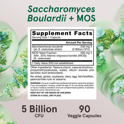 Jarrow Formulas Saccharomyces Boulardii + MOS Probiotics for Digestive Health and Intestinal Tract Support - 5 Billion CFU Per Serving - 90 Delayed Release Caps