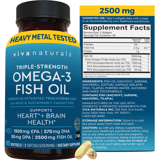 Triple Strength Fish Oil Omega 3 Supplements for Women and Men – 2500 mg High-Potency, Easy-to-Absorb Re-esterified Triglyceride Form, Pescatarian-Friendly DPA Omega 3 EPA DHA Supplement,180 Softgels Viva NaturalsBuy Supplements Australia