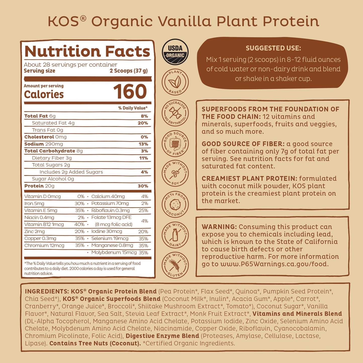 KOS Vegan Protein Powder Erythritol Free, Vanilla USDA Organic - Pea Protein Blend, Plant Based Superfood Rich in Vitamins & Minerals - Keto, Dairy Free - Meal Replacement for Women & Men, 28 Servings KOS buy supplements Au