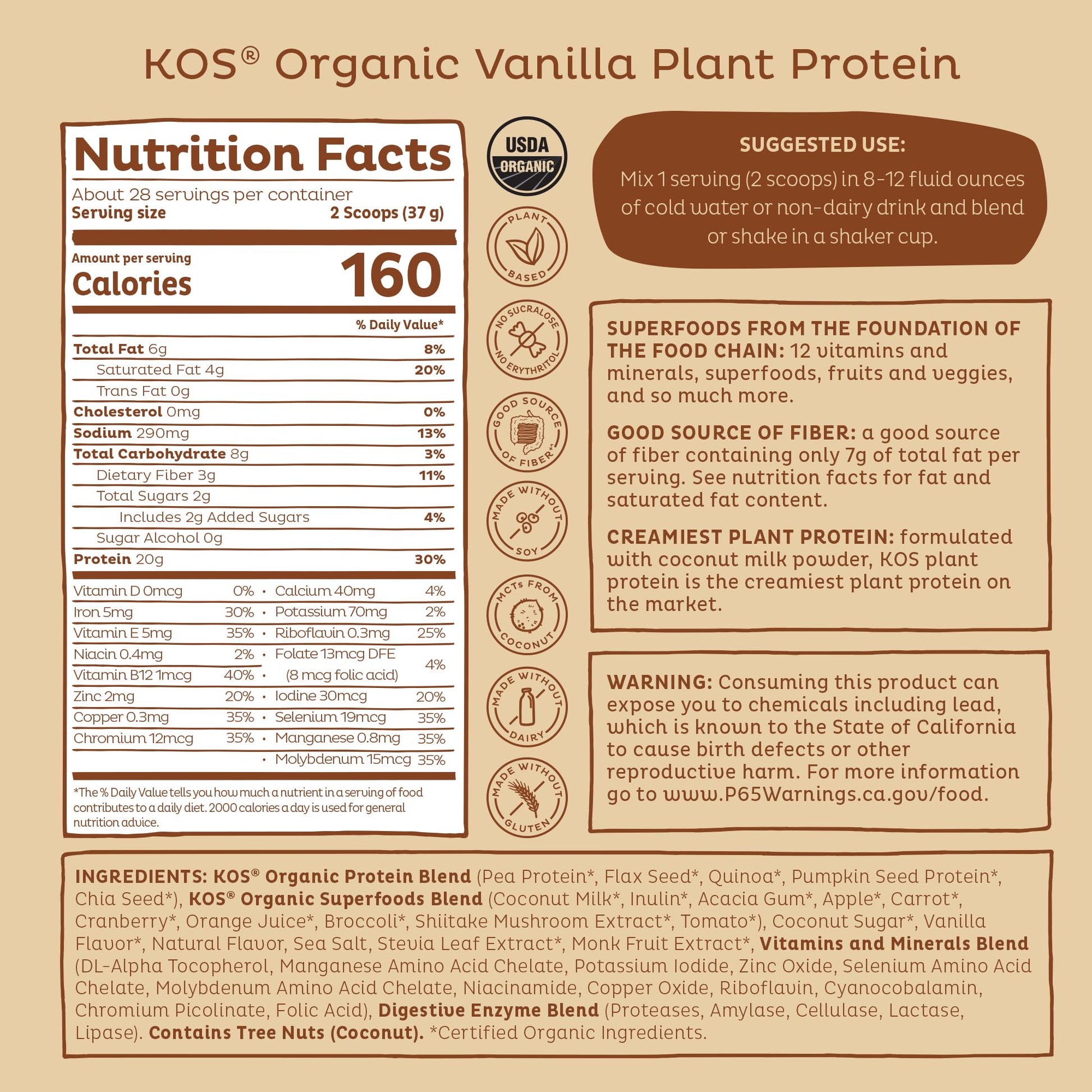 KOS Vegan Protein Powder Erythritol Free, Vanilla USDA Organic - Pea Protein Blend, Plant Based Superfood Rich in Vitamins & Minerals - Keto, Dairy Free - Meal Replacement for Women & Men, 28 Servings KOS buy supplements Au