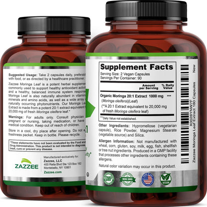 Zazzee USDA Organic Moringa Leaf 20:1 Extract, 180 Vegan Capsules, 3 Month Supply, Certified Kosher, Moringa Oleifera, Antioxidant, Immune & Cellular Support