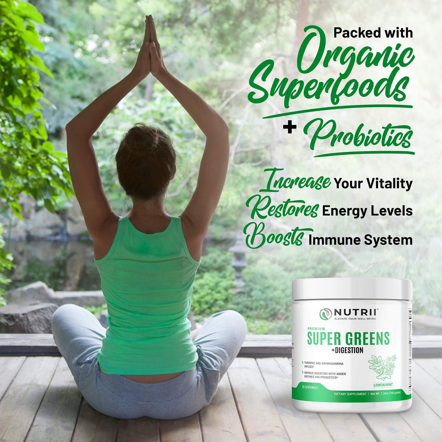Nutrii Organic Green Immunity Superfood Powder - Soothes Digestion, Boosts Healthy Vitality and Energy. Fast Acting Formula with Probiotics, Enzymes, Turmeric and Ashwagandha (30 Servings Lemon-Mint) NutriiBuy Supplements Australia