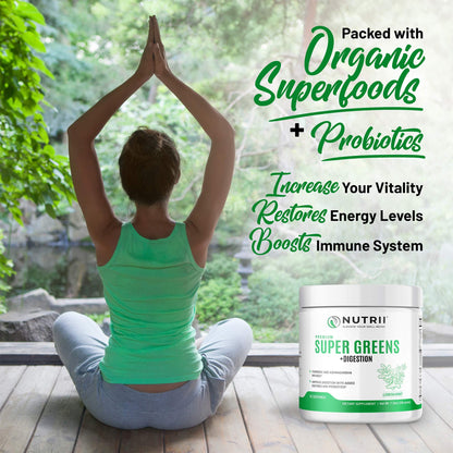 Nutrii Organic Green Immunity Superfood Powder - Soothes Digestion, Boosts Healthy Vitality and Energy. Fast Acting Formula with Probiotics, Enzymes, Turmeric and Ashwagandha (30 Servings Lemon-Mint) NutriiBuy Supplements Australia