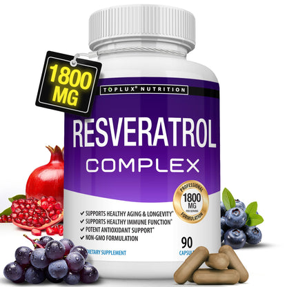 Resveratrol Supplement 1800 mg Antioxidant Complex - Highly Potent Natural Trans-Resveratrol Pills for Healthy Aging, Overall Health Support, Immune System