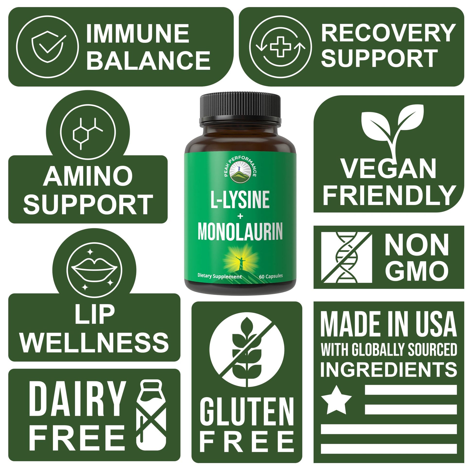 Peak Performance L Lysine 1000mg + Monolaurin 500mg Supplement for Immune Support - High Potency L-Lysine for Lips, Skin, & Health - 2-in-1 Bioavailable Supplements for Men and Women - 60 Capsules Peak PerformanceBuy Supplements Australia