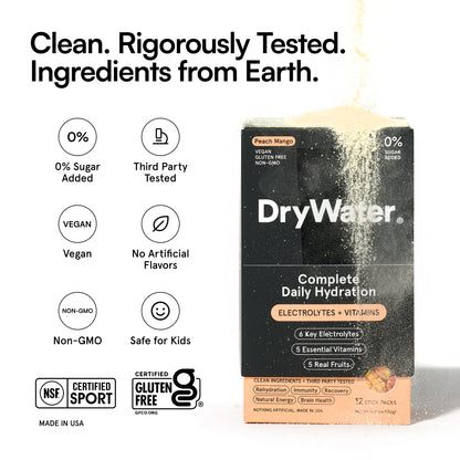 DryWater Electrolyte Powder Packets, Peach Mango - Hydration Packets Drink Mix with Zero Added Sugar for Rehydration & Energy - 6 Key Electrolytes