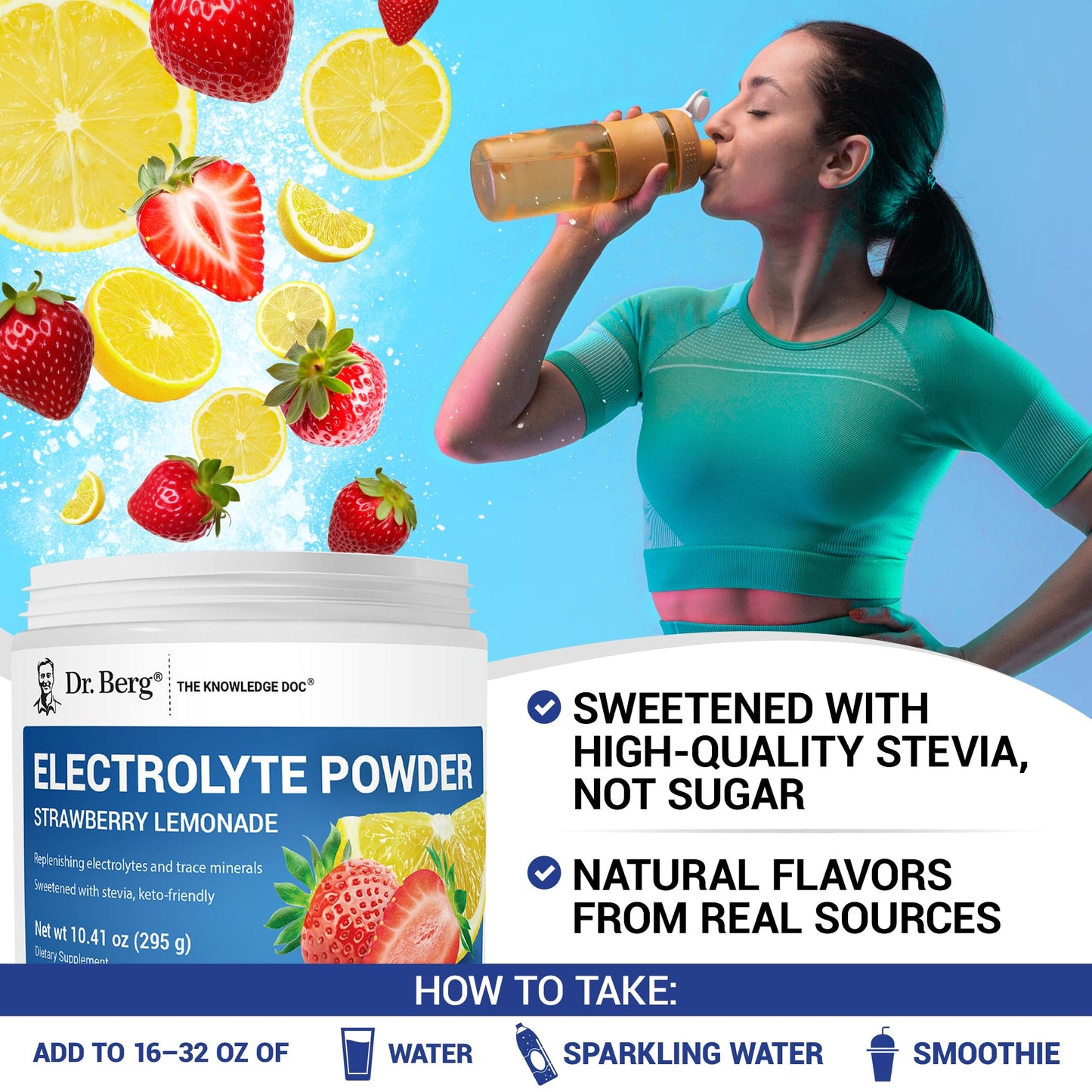 Dr. Berg Zero Sugar Hydration Keto Electrolyte Powder - Enhanced w/ 1000 mg of Potassium & Real Pink Himalayan Salt (NOT Table Salt) - Strawberry Lemonade Hydration Drink Supplement - 50 Servings