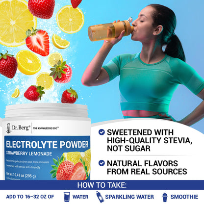 Dr. Berg Zero Sugar Hydration Keto Electrolyte Powder - Enhanced w/ 1000 mg of Potassium & Real Pink Himalayan Salt (NOT Table Salt) - Strawberry Lemonade Hydration Drink Supplement - 50 Servings