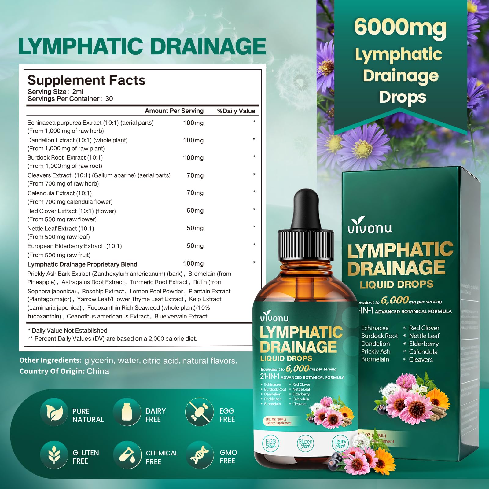 21-in-1 Lymphatic Drainage Drops for Liposomal, Immune & Lymph System Support Supplement for Women & Men with Echinacea, Dandelion, Burdock, Bromelain, Calendula, Turmeric & More, 2 FL OZ VivoNu buy supplements Au