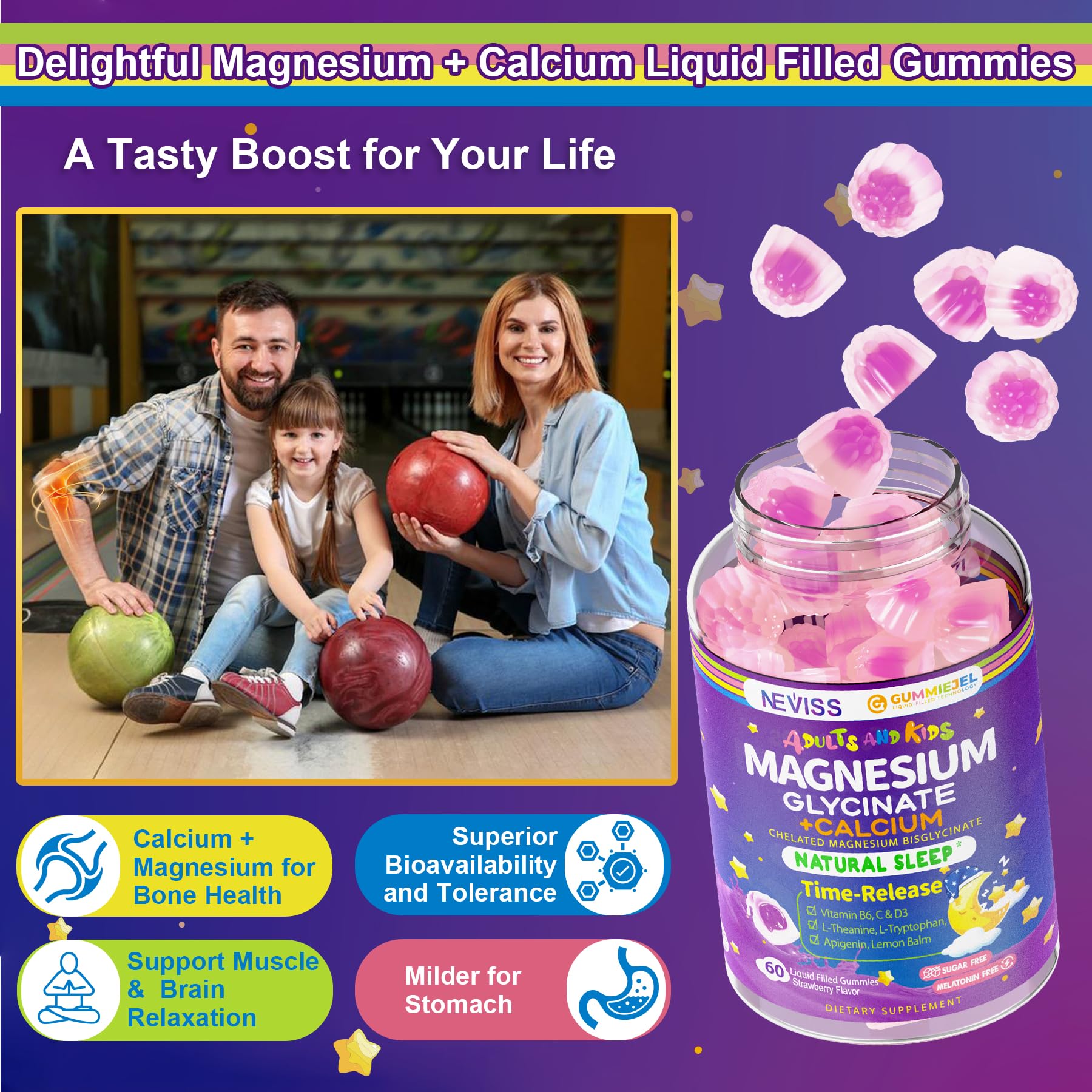 Neviss Magnesium Glycinate + Calcium Filled Gummies for Adults and Kids 4+, Kids Sleep Gummies Melatonin Free, Sugar Free Magnesium Supplement with B6 D3, L-Theanine for Zzz & Relax, Brain,Bone,Muscle NEVISSBuy Supplements Australia