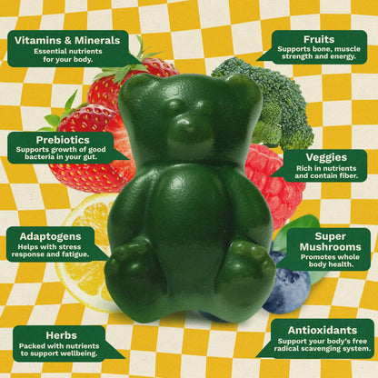 Gruns Multivitamin for Kids, Super Greens Gummies, Superfood Gummy Bears with 20+ Vitamins & Minerals, Spirulina, Chlorella, Alfalfa, Prebiotics Fiber for Digestive Health