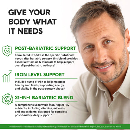 Bariatric Multivitamin - 45 mg Iron Supplements - Made in USA - for Women & Men - All-in-One, 21 Essential Vitamins - Gastric Sleeve Support