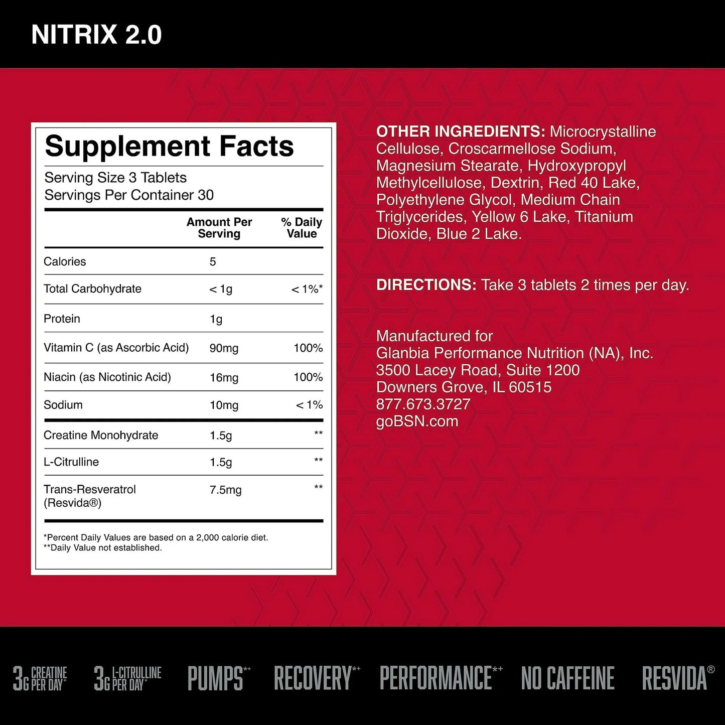 BSN NITRIX 2.0, Workout Supplement, Nitric Oxide Precursors, 3g Creatine, 3g L Citrulline, L-Citrulline, Supports Workout Performance, Pumps, Muscle Recovery
