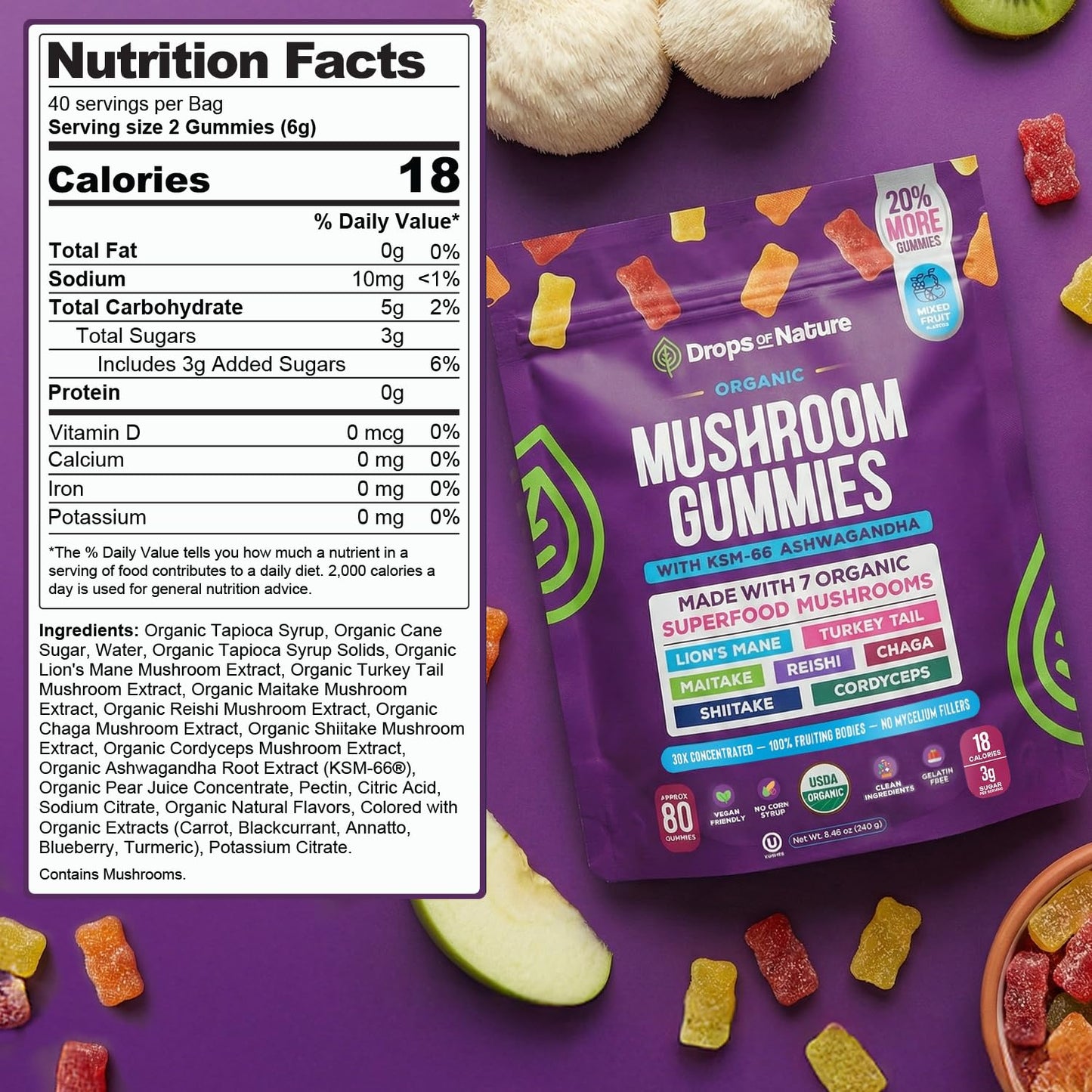 Drops Of Nature Lions Mane & Ashwagandha Gummies – Turkey Tail, Maitake, Reishi, Chaga, Shiitake, Cordyceps – Organic, Low Carb Superfood Gummies