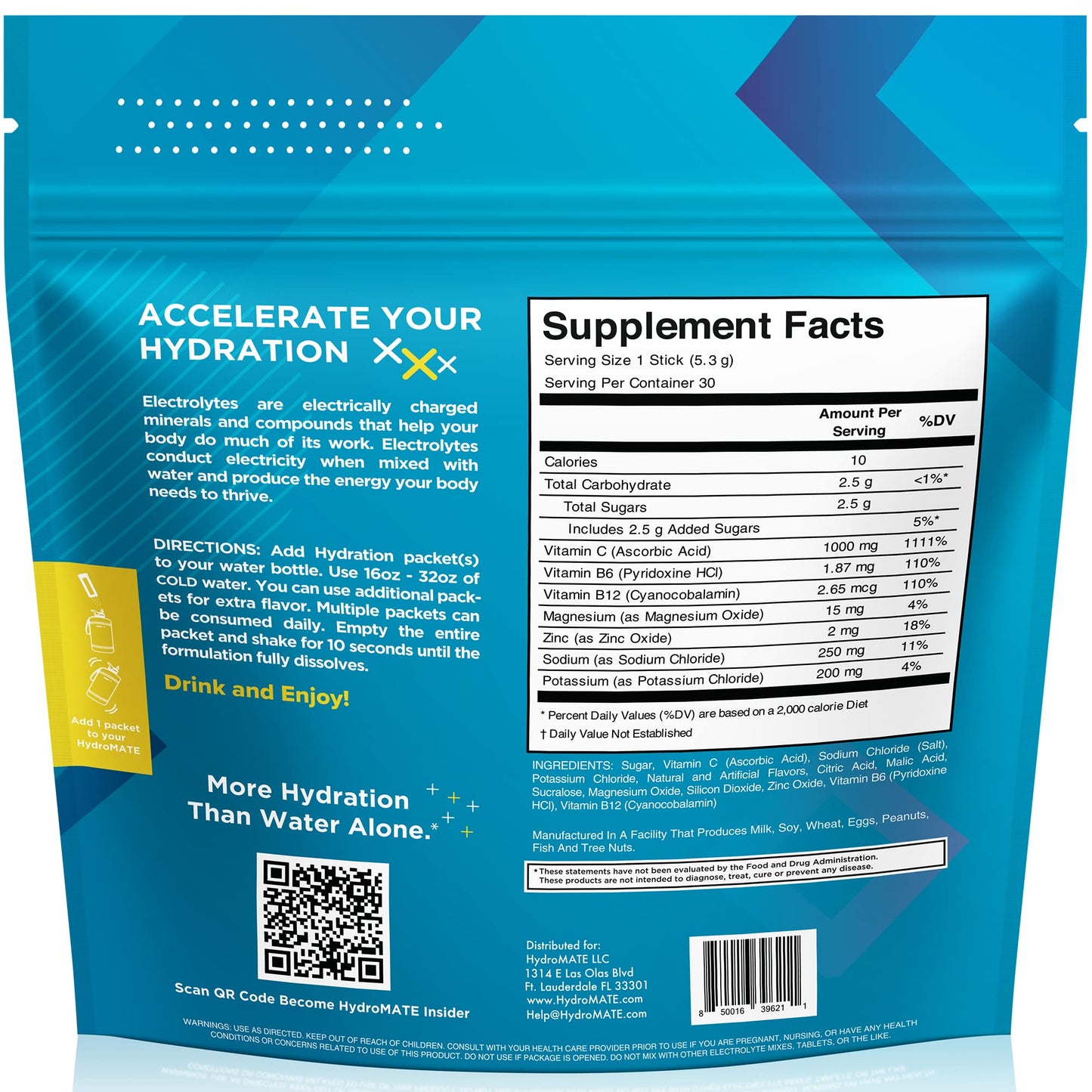 HydroMATE Electrolyte Powder Lemon Lime Hydration Packets Low Sugar 30 Count
