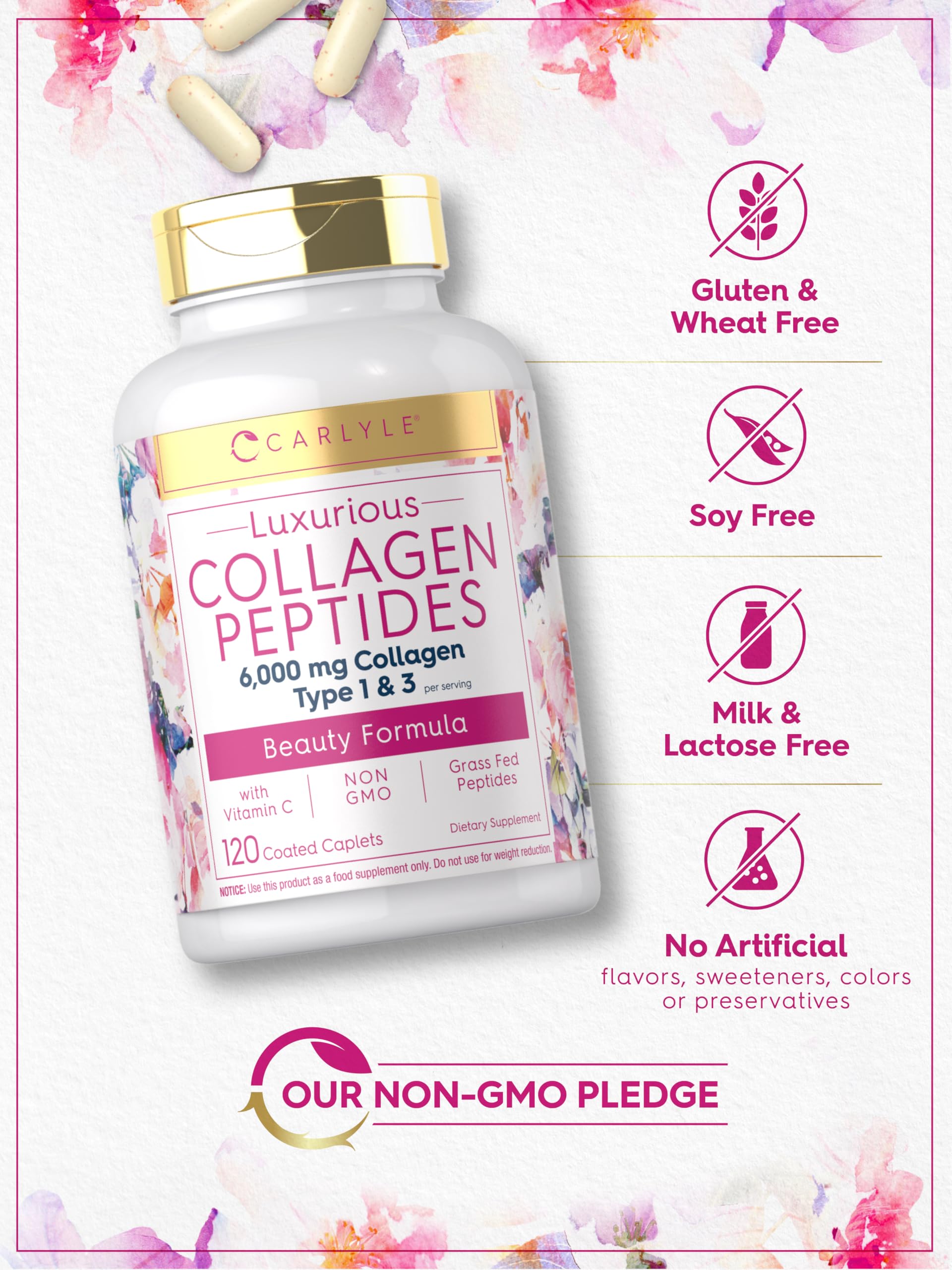 Carlyle Collagen Peptides with Vitamin C | 6000mg | 120 Caplets | Grass Fed Type II & III | Beauty Formula | Non-GMO, Gluten Free Supplement Carlyle buy supplements Au