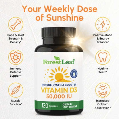 ForestLeaf Vitamin D3 50,000 IU | VIT D - Kosher VIT D3 Vitamin D Supplement for Women and Men | Bone Health, Teeth, Immune Support