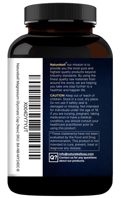 Naturebell Pure Magnesium Glycinate 500mg, 240 Veggie Capsules | 100% Chelated & Purified – 3rd Party Tested, Vegan Friendly, Non-GMO, Filler Free
