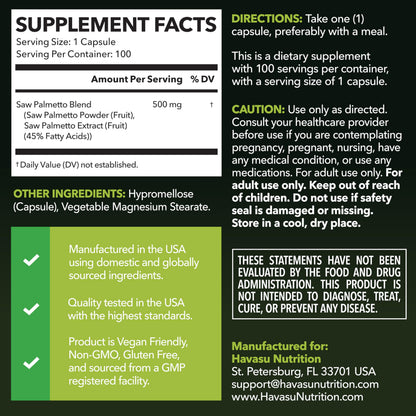 Saw Palmetto for Men Prostate Health Supplement to Promote Urinary Tract Function - 500mg Per Serving - 100 Count - DHT Blocker Hair Vitamin