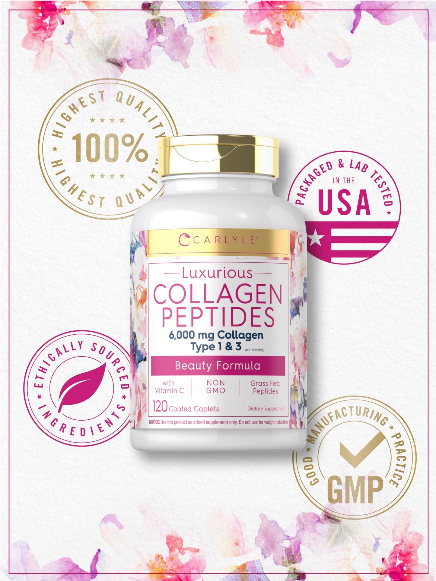 Carlyle Collagen Peptides with Vitamin C | 6000mg | 120 Caplets | Grass Fed Type II & III | Beauty Formula | Non-GMO, Gluten Free Supplement Carlyle buy supplements Au