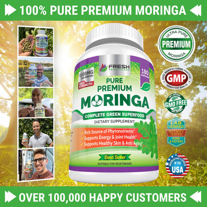 FRESH HEALTHCARE Moringa Capsules – 100% Pure Leaf Powder - 180 Pills, Non-GMO - 3 Month Supply - Complete Green Superfood for Energy