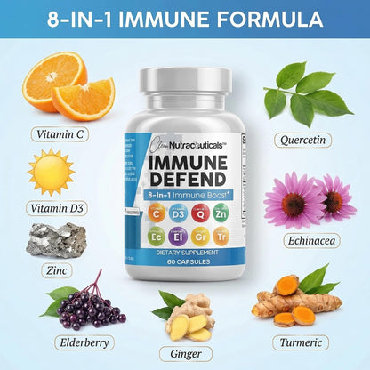 Clean Nutraceuticals Immune Defense Support Supplement 8 in 1 with Zinc 50mg Quercetin, VIT C 1000mg, Vitamin D3 5000 IU, Elderberry, Ginger - Immunity System Booster for Adults, Vegan - 60 Count Clean NutraceuticalsBuy Supplements Australia