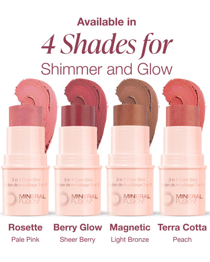 Mineral Fusion 3-in-1 Color Stick - Hydrating Cream Blush Tint for Cheek, Lip and Eye - Natural Multi Use Makeup (Rosette)