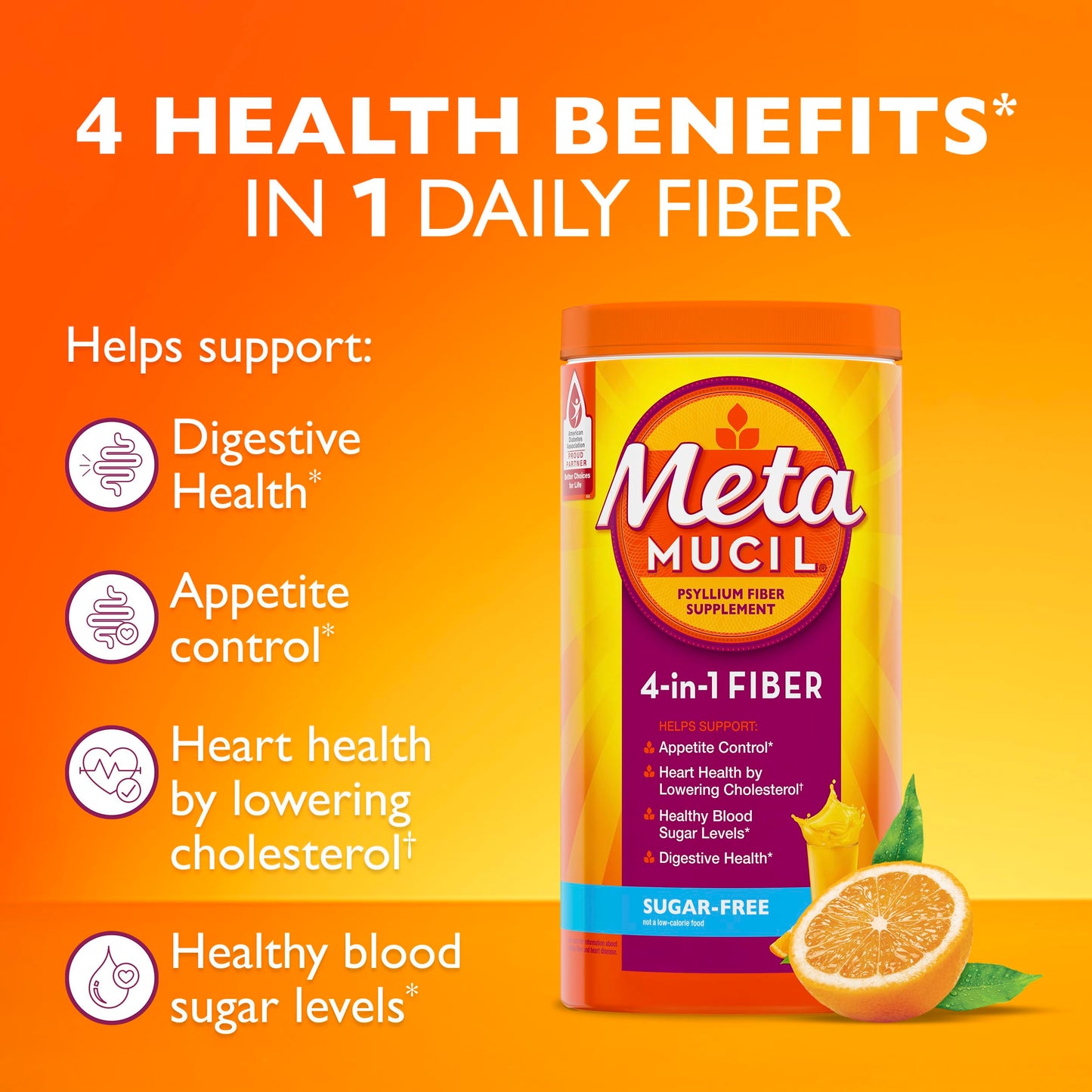 Metamucil 4-in-1 Psyllium Husk Friendly Fiber Supplement, Sugar-Free, 72 teaspoons, Orange Flavored, Daily Fiber Powder for Digestive Health