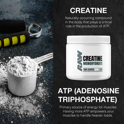RAW Nutrition Creatine Monohydrate Powder, Unflavored (30 Servings) - Micronized Creatine Monohydrate Supplement for Workout Performance, Build Muscle & Strength